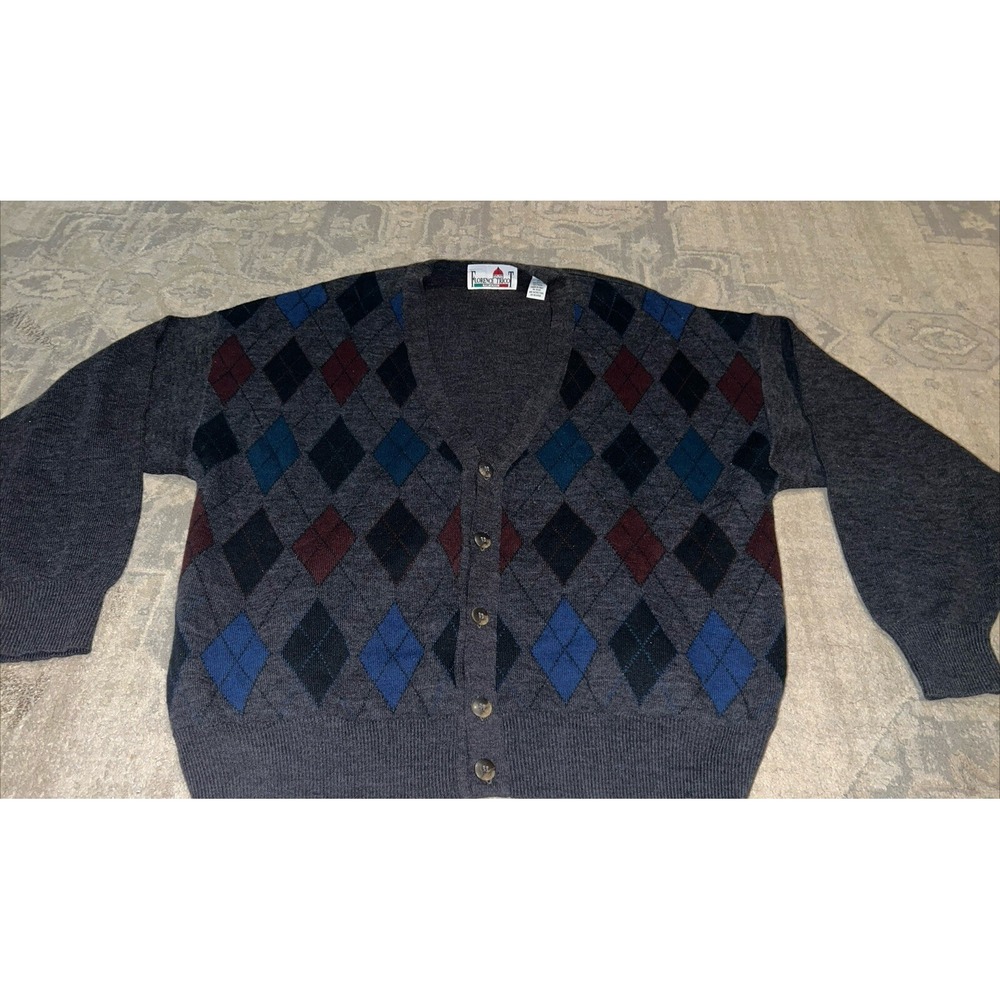 Vintage Florence Tricot Cardigan Sweater Mens Sz XL Wool Blend Gray Arygle Italy